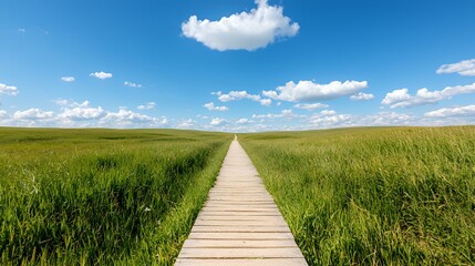 Walking on Wooden Path Through Green Meadow with Blue Sky