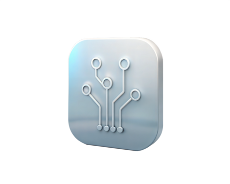 A sleek, holographic 3D circuit board icon with interconnected nodes, isolated on white background. Represents digital technology, circuits, and electronic design.