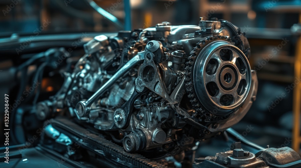 Poster detailed view of a car engine in a workshop with tools