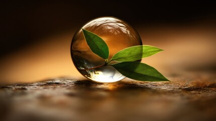 Glass Sphere with Green Leaves on Brown Surface