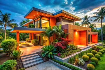 Fototapeta premium Modern Architectural Design of a Luxurious Residence with Lush Tropical Landscaping at Dusk