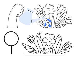 Hand holding a watering can hydrates blooming flowers, emphasizing care and nurture. Comparison of colored and outline versions. Ideal for gardening, growth concept, care, environment, nurturing
