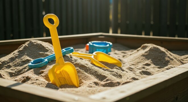 sandbox, beach toys, plastic shovel, blue bucket, yellow sand mold, wooden frame, indoor play area, childhood, tactile learning, creative play, miniature beach, sensory experience, educational toy, gr