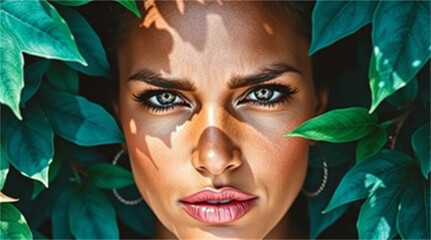 Vibrant Female Portrait Surrounded by Green Foliage with Dramatic Shadows