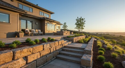 Fototapeta premium Luxurious modern hillside home, terraced landscaping, stone retaining walls, curved walkway, lush garden beds, sunset lighting, panoramic view, architectural photography, warm tones, elegant design, o