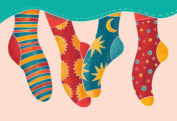 Colorful socks hanging from a bed in a playful setting