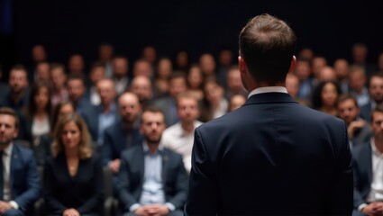 A professional business seminar where a male speaker in a dark suit stands on stage, addressing a large audience of professionals dressed in business attire. The audience listens attentively, creating