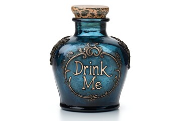 A whimsical glass bottle is inscribed with drink me on it