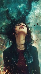 Fototapeta premium Surreal Woman in Teal and Fire: A Digital Painting