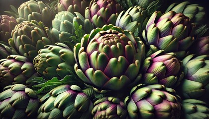 Obraz premium An image of fresh artichokes tightly arranged together, showcasing vibrant green and purple tones with enhanced natural textures