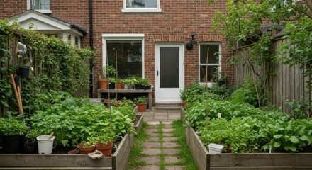 Urban garden, raised vegetable beds, brick house facade, green lawn, garden path, window, doorway, lush foliage, compact backyard, sustainable living, organic gardening, city dwelling, peaceful oasis,