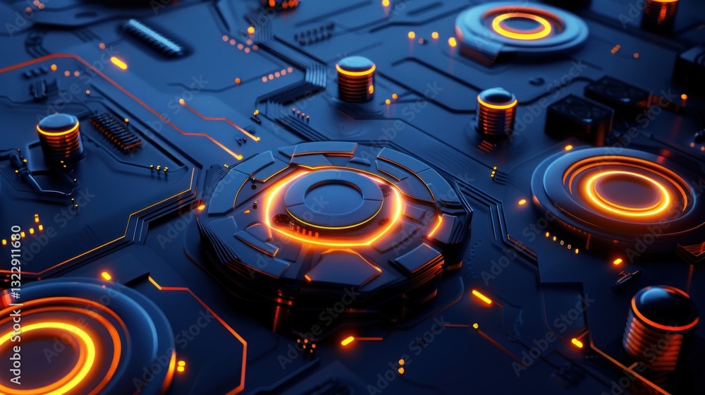 Poster abstract geometric shapes with soft glowing edges, creating a futuristic tech feel.