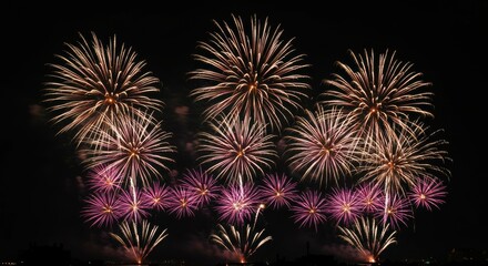 Fireworks display, night sky, colorful explosions, pyrotechnics, celebration, dark background, multiple bursts, golden and pink hues, festive atmosphere, aerial view, sparkling lights, new year's eve,