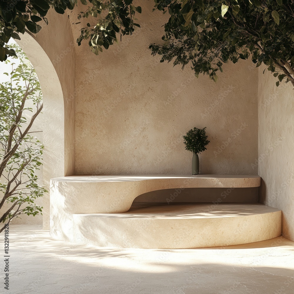 Poster minimalist architecture meets nature a serene space with sunlight illuminating a textured stage sett