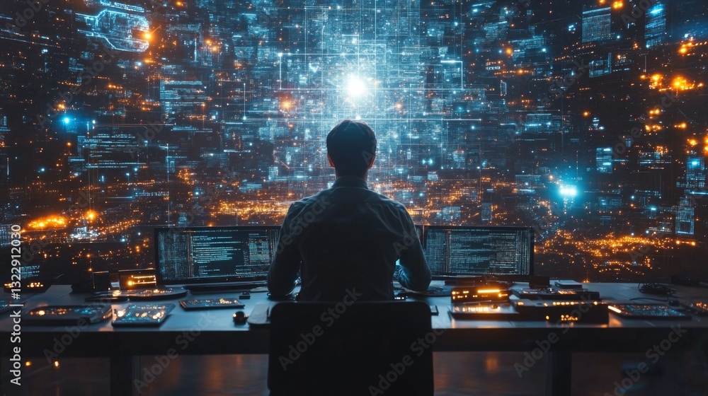 Aufkleber A scientist engages with advanced quantum simulations, observing data visualizations of qubits, superposition, and entanglement in a modern research setting.