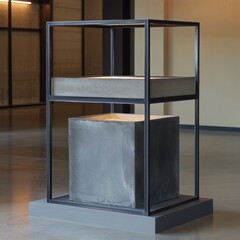 Modern interior exhibit gray cube in black metal frame neutral background light contemporary indoor shot