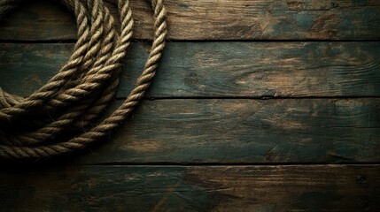 Fototapeta premium Rustic Wooden Background with Twisted Rope Coiled in an Artistic Arrangement