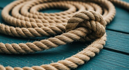Obraz premium Thick coiled rope, nautical hemp rope, close-up texture, natural fibers, twisted strands, beige tones, blue background, maritime theme, rustic material, rough texture, durable cordage, sailing equipme
