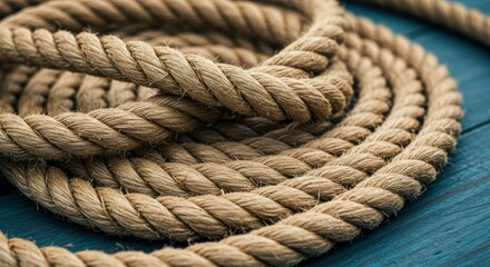 Obraz premium Thick coiled rope, nautical hemp rope, close-up texture, natural fibers, twisted strands, beige tones, blue background, maritime theme, rustic material, rough texture, durable cordage, sailing equipme