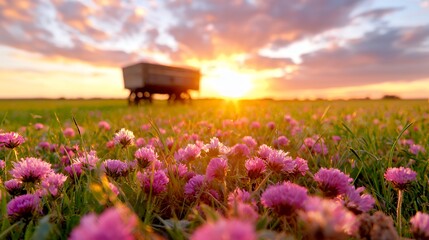 Field of Pink Clover Flowers with Sunset Sky and Wagon