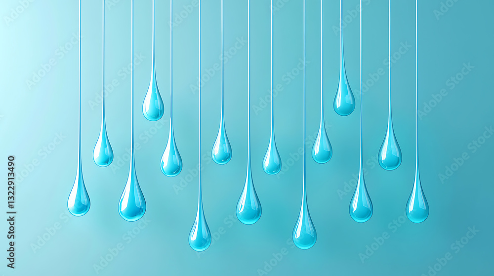 Poster water droplets falling from strings blue background stock photo calm environment close-up view seren