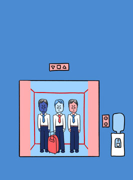 Three men in an office lift