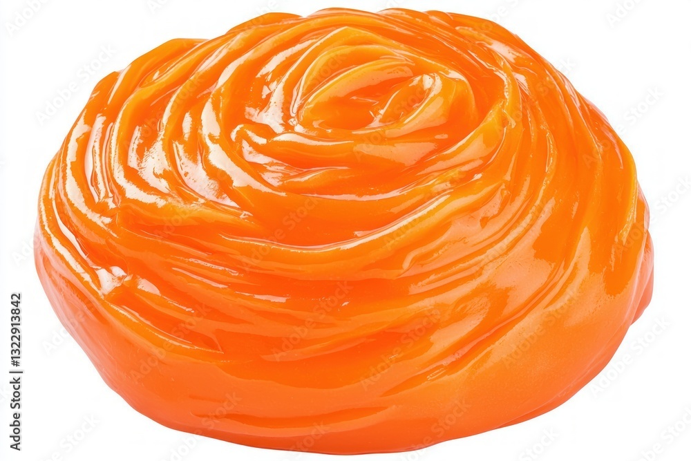 Poster iridescent orange blob with a glossy surface and swirl design on white background offering a modern 