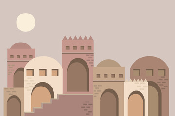 Inspired vector Ramadan middle east architecture set. Flat illustration with a mosque, tower. Earthy colored buildings graphic collection. Abstract Eid al-Fitr design template