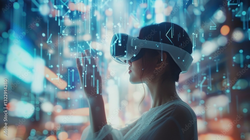 Poster a futuristic interface with digital elements and virtual reality projections.