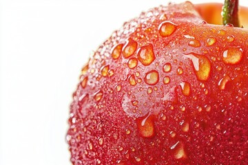 Macro Capture of Vibrant Red Apple Refreshing Dew Droplets Adorning Fruit Surface in Fine Detail Freshness