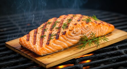 Grilled salmon fillet, cedar plank, BBQ grill, smoky, charred lines, juicy, moist, flaky texture, outdoor cooking, gourmet seafood, vibrant orange color, wooden cutting board, steam rising, close-up p