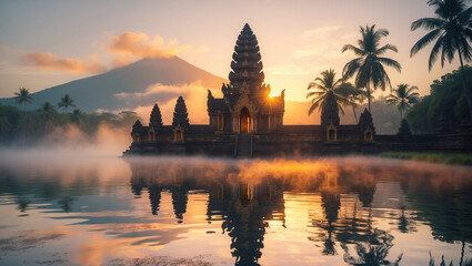 Fototapeta premium Majestic Bali Temple at Sunset with Vibrant Sky Reflections