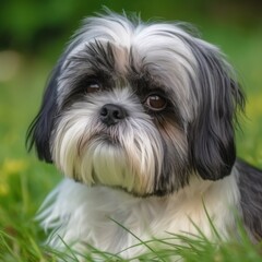 Shih Tzu dog portrait in a sunny summer day. Closeup portrait of a purebred Shih Tzu dog in the field. Outdoor portrait of a beautiful Shih Tzu dog in a summer field. AI generated