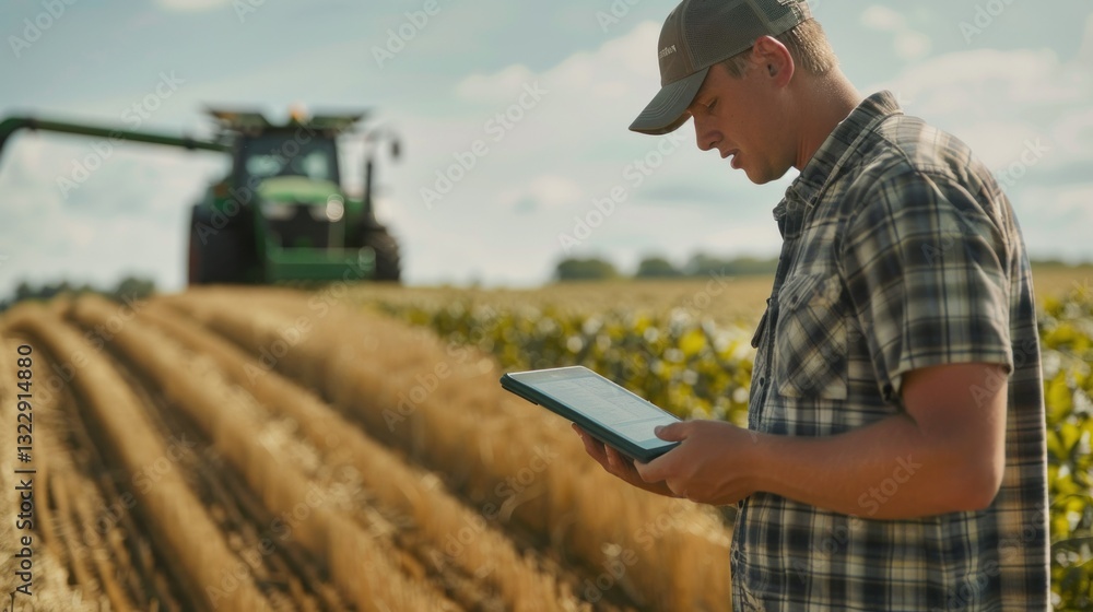Poster a farmer using a tablet to monitor crop conditions with digital readings.