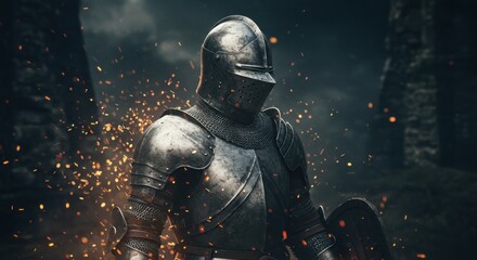 Naklejka premium dark knight, medieval armor, glowing helmet, cinematic lighting, ethereal particles, mysterious atmosphere, fantasy warrior, shadowy background, intricate details, metallic textures, golden accents, d