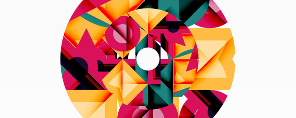 Abstract geometric artwork with interwoven angular and curved shapes, dynamic composition with smooth gradients and bold contrasts