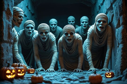 Spooky Mummies Hiding in a Dark Tomb for Halloween Celebration Banner