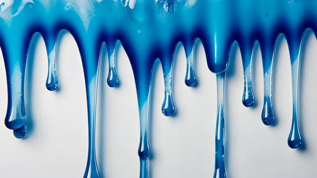Captivating blue liquid paint drips down against a pristine white surface background