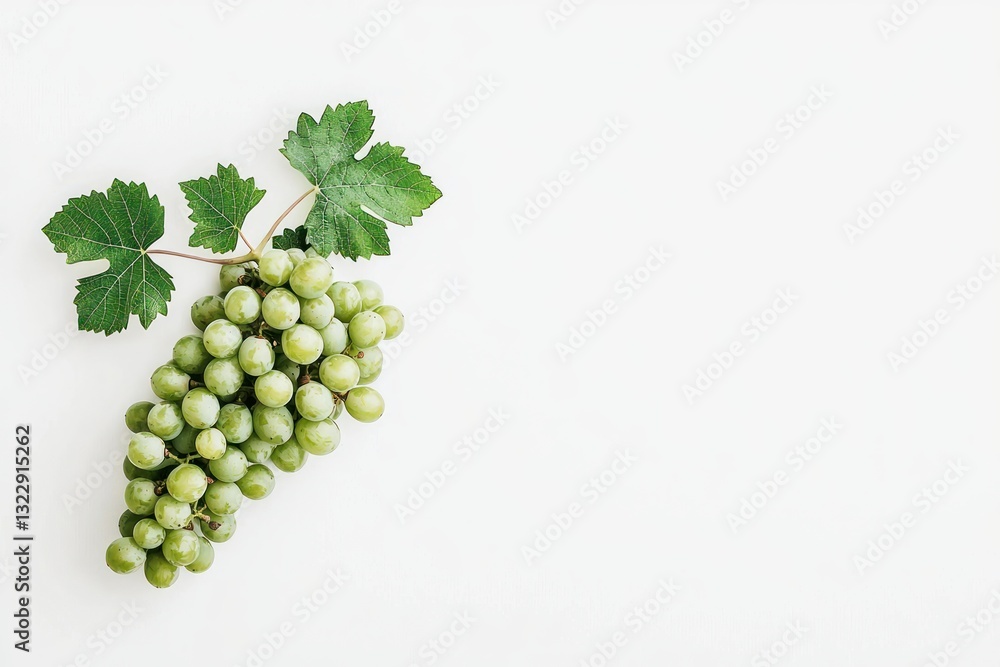 Poster appetizing bunch of green grapes displaying fresh leaves on a white background with ample copy space