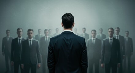 Fototapeta premium dark corporate setting, business executives in suits, back view of central figure, silhouettes in background, eerie atmosphere, corporate dystopia, black and white tones, misty background, power dynam