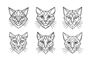 set of Geometric Cat Face Low-Poly Vector line art