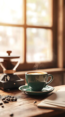 Morning coffee ritual cozy home food photography warm environment close-up view comfort and relaxation