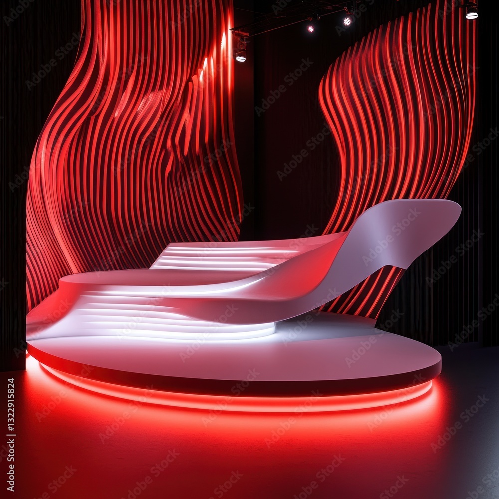Poster futuristic illuminated stage design with dynamic red light elements and stylish architecture platfor