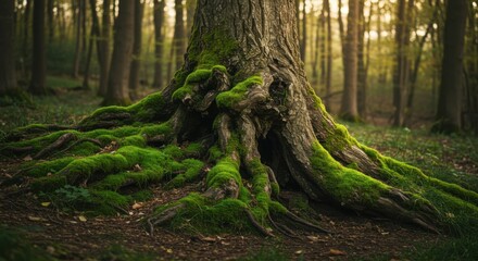Obraz premium Mystical forest, ancient tree stump, moss-covered roots, ethereal green glow, magical woodland, misty atmosphere, enchanted forest floor, dappled sunlight, fantasy landscape, twisted tree roots, fairy