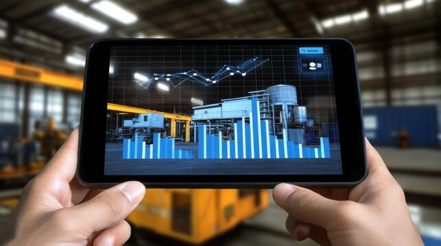 Hands Holding Tablet Displaying Augmented Reality Data Overlay of Factory Floor