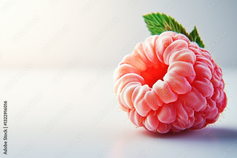 Poster macro shot of a fresh raspberry with vibrant pink color and green leaves with bright background for 