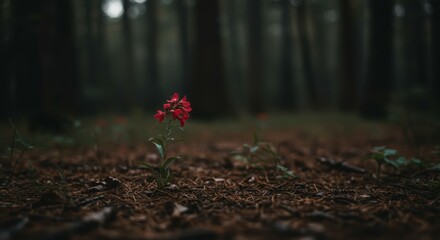 Dark misty forest, fallen leaves on ground, mysterious red glow, eerie atmosphere, low angle shot, cinematic lighting, horror movie aesthetic, foggy woods, ominous ambiance, supernatural element, autu