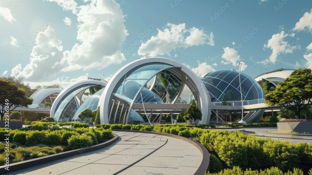 Poster a futuristic greenhouse with automated systems and technology-driven farming.