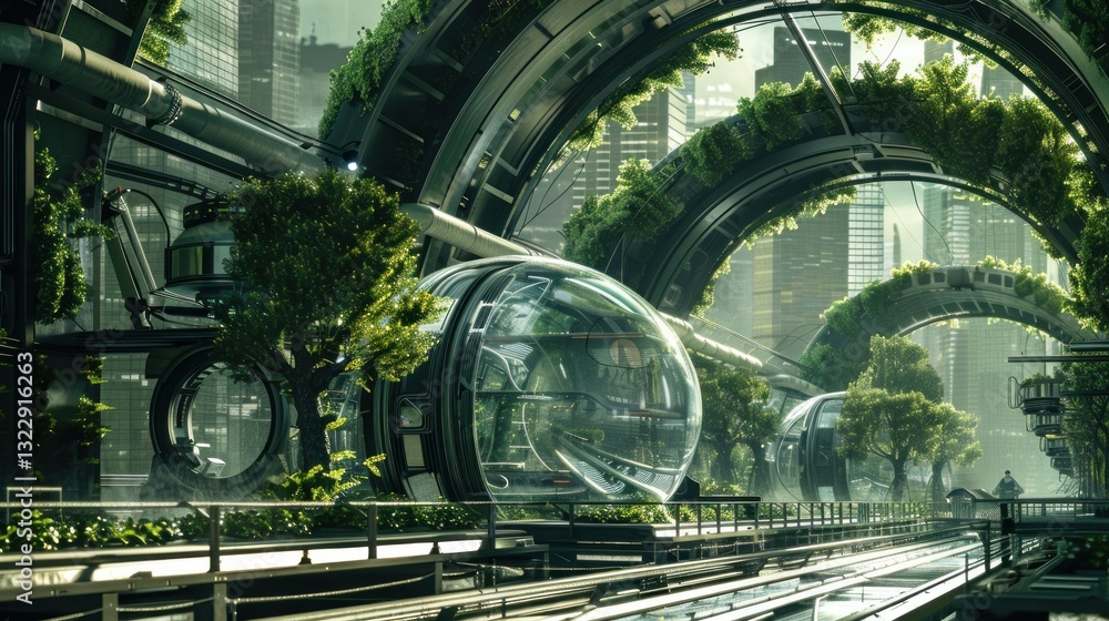 Poster a futuristic greenhouse with automated systems and technology-driven farming.