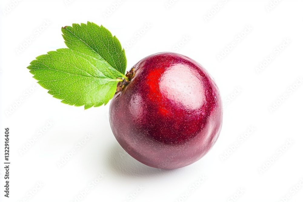 Poster captivating close up of a red plum with two green leaves placed on a clean white background simple f